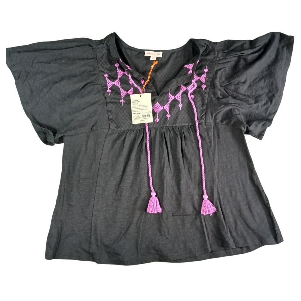 Knox Rose Shirt Women Medium Black Boho Cottagecore Short Sleeve Embroidered NWT